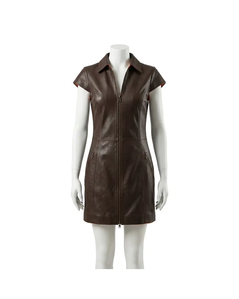 Brown Zip-Front Leather Dress