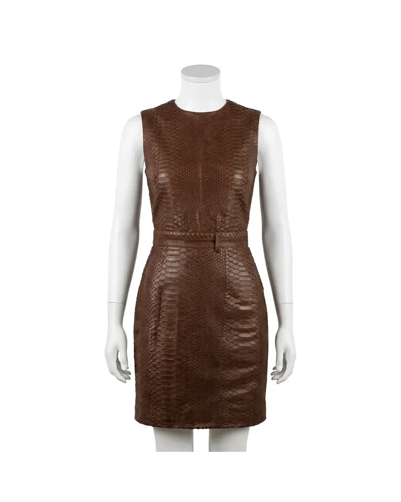 Brown Textured Leather Pencil Skirt