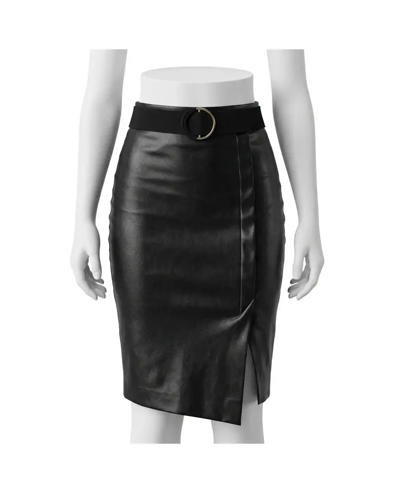 Blue Front-Slit Leather Pencil Skirt