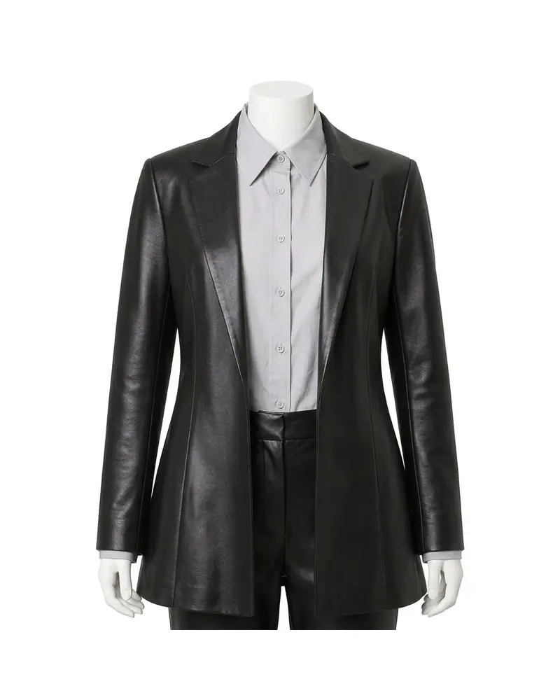 Black Wide-Lapel Women Leather Coat