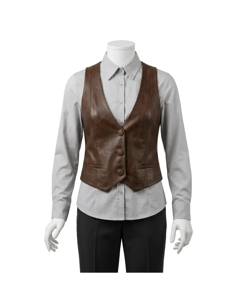 Brown V-Neck Leather Waistcoat