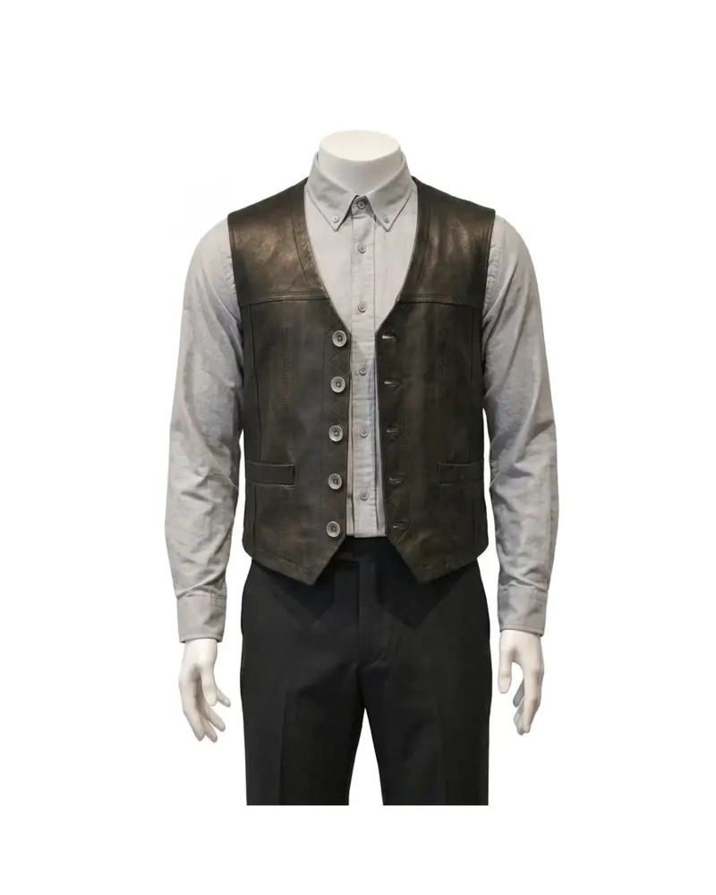 Black V-Neck Leather Waistcoat
