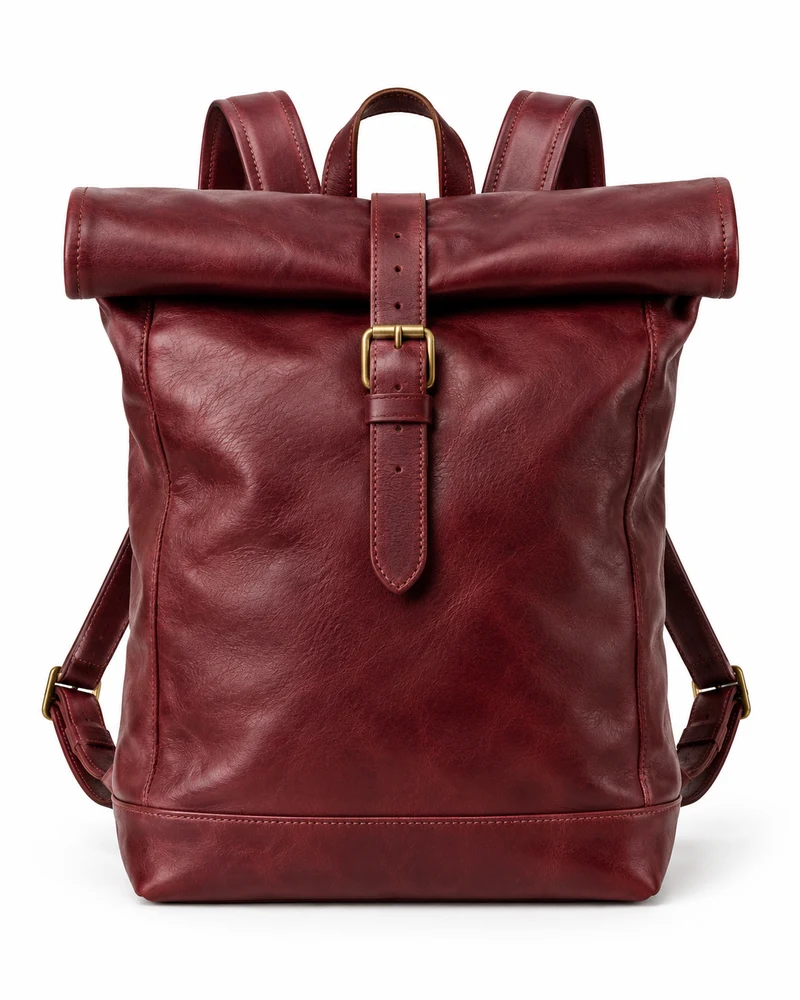 Burgundy Roll-Top Leather Backpack