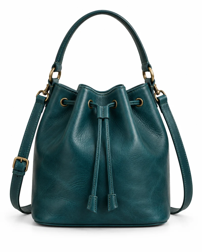 Deep Teal Drawstring Bucket Leather Bag