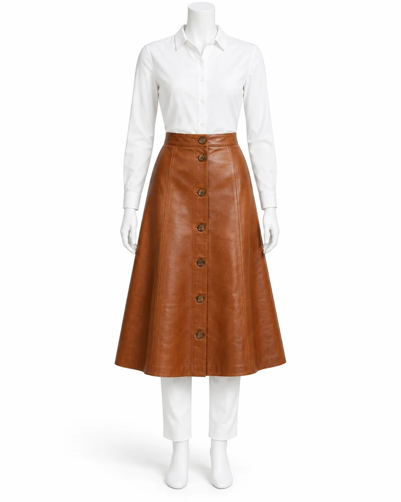 Cognac Button-Front A-Line Midi Leather Skirt