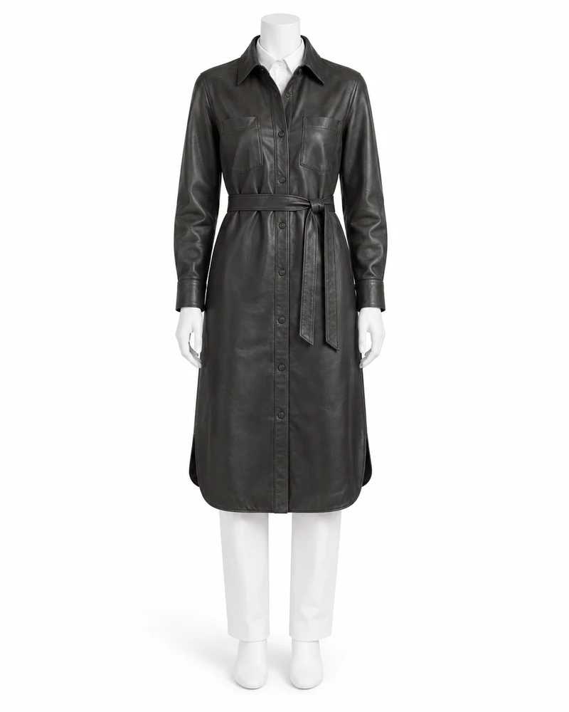 Charcoal Long-Sleeve Belted Shirt Leather Dress
