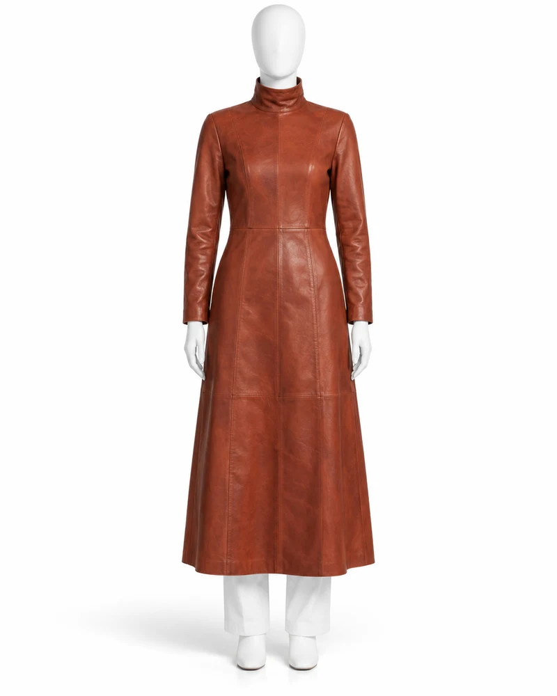 Rust High-Neck Long-Sleeve Leather Dress
