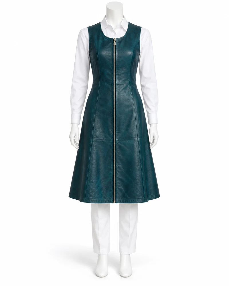 Deep Teal Zip-Front A-Line Leather Dress