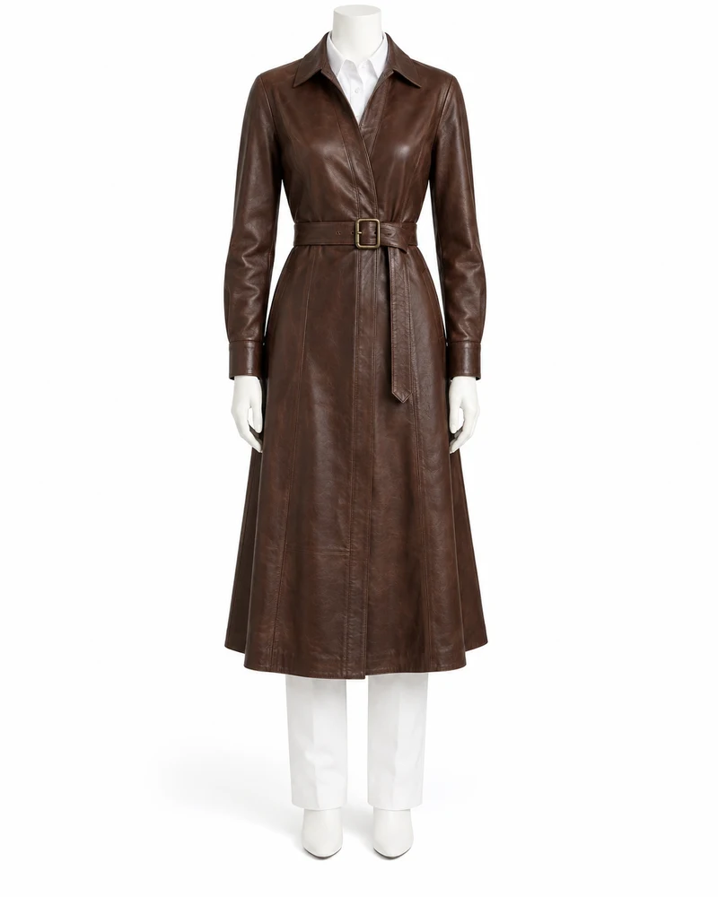 Chocolate Brown Buckle-Waist Long-Sleeve Leather Dress