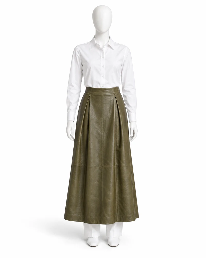 Olive Double-Pleat Maxi Leather Skirt