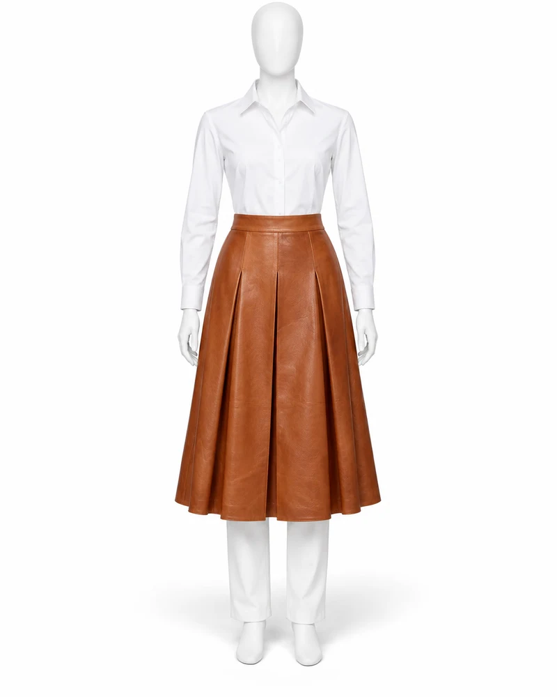 Cognac Box-Pleat Midi Leather Skirt