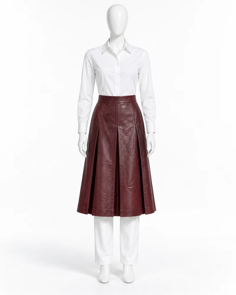 Burgundy Inverted-Pleat Midi Leather Skirt