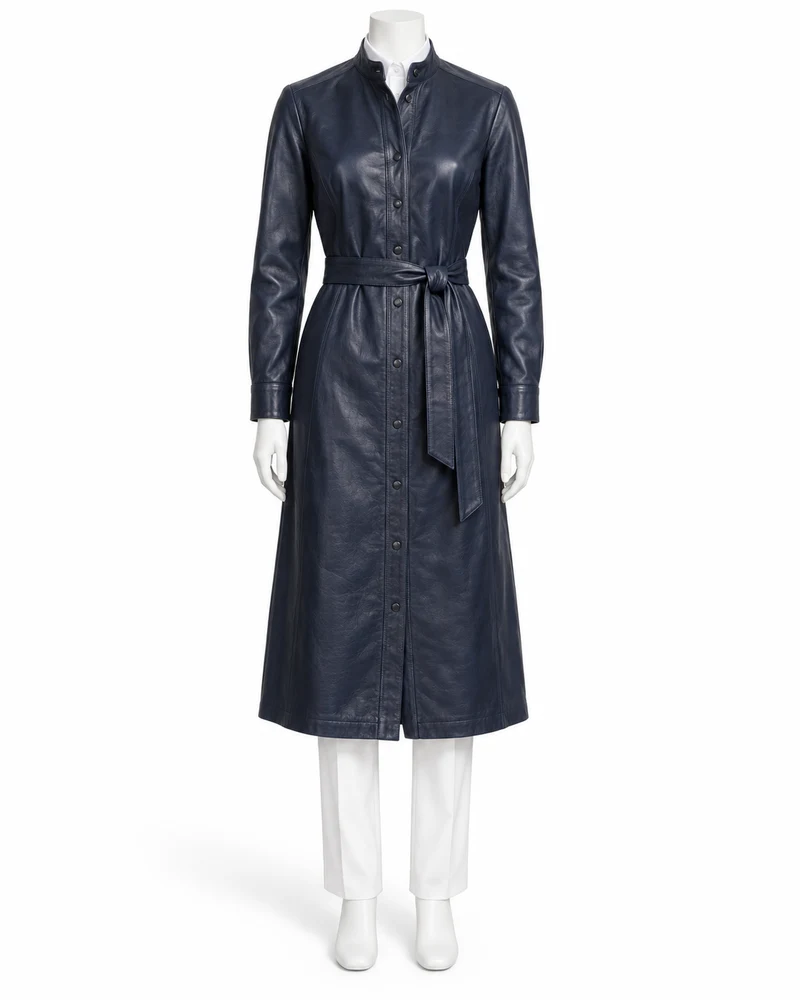 Navy Stand-Collar Shirt Leather Dress
