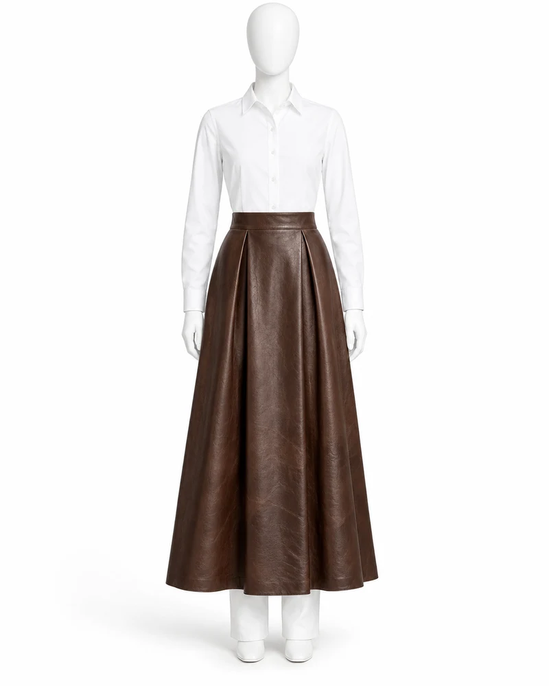 Chocolate Brown Double-Pleat Maxi Leather Skirt