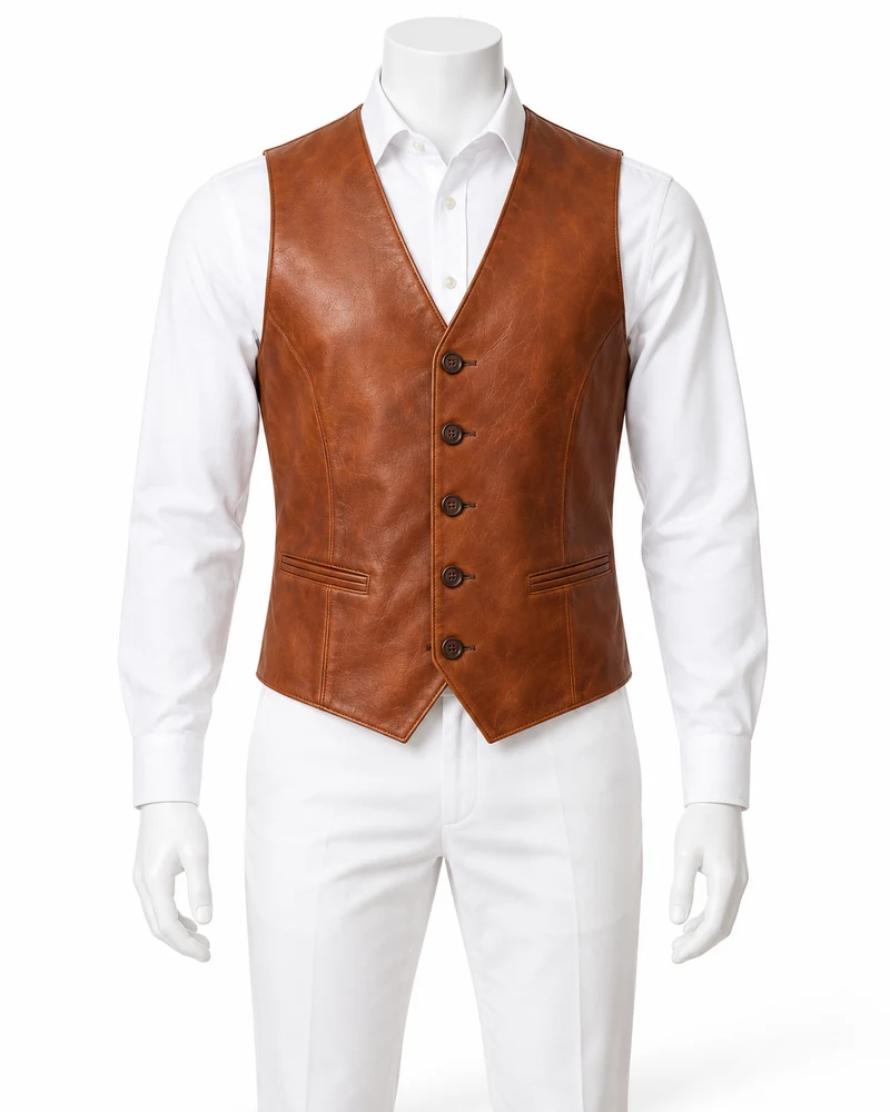 Cognac Five-Button Tailored Leather Waistcoat