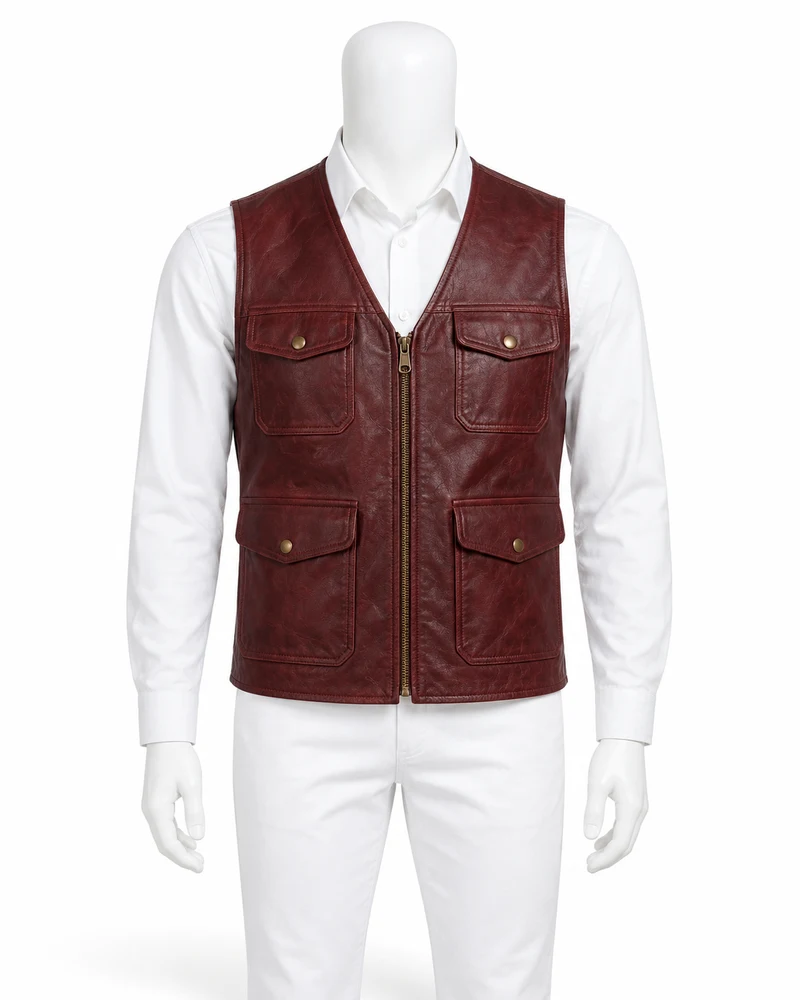 Burgundy Four-Pocket Utility Leather Vest