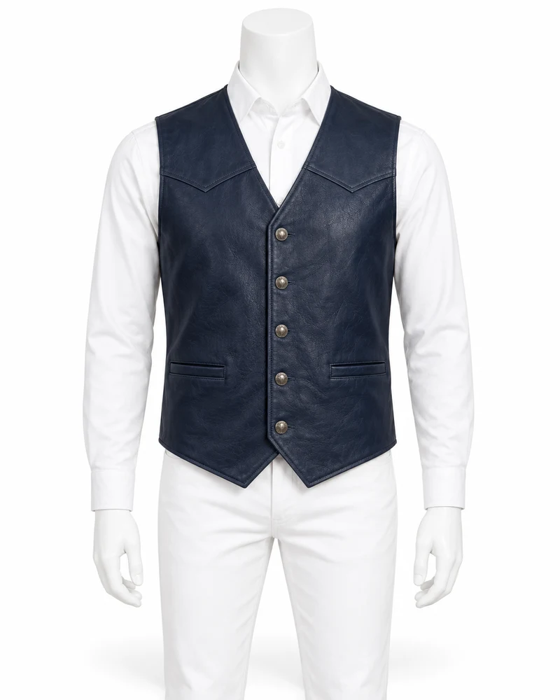 Navy Western-Yoke Leather Vest