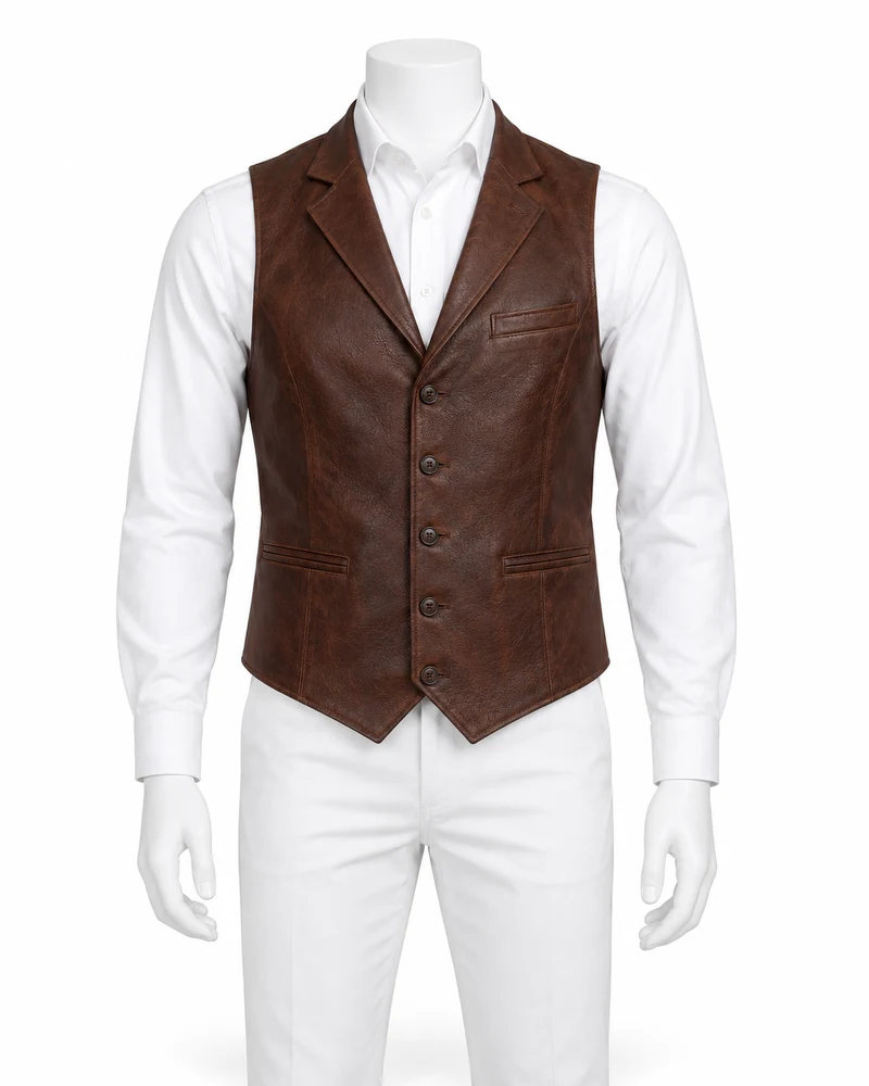Chocolate Brown Notch-Lapel Leather Waistcoat