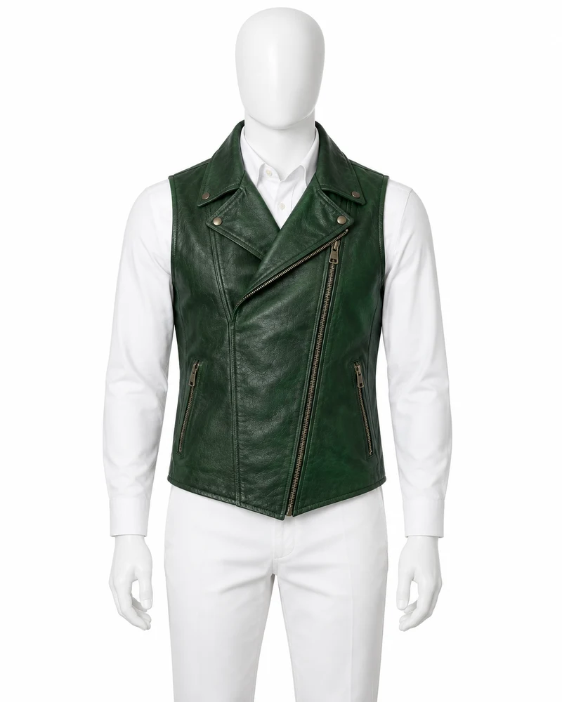 Forest Green Asymmetric-Zip Leather Vest