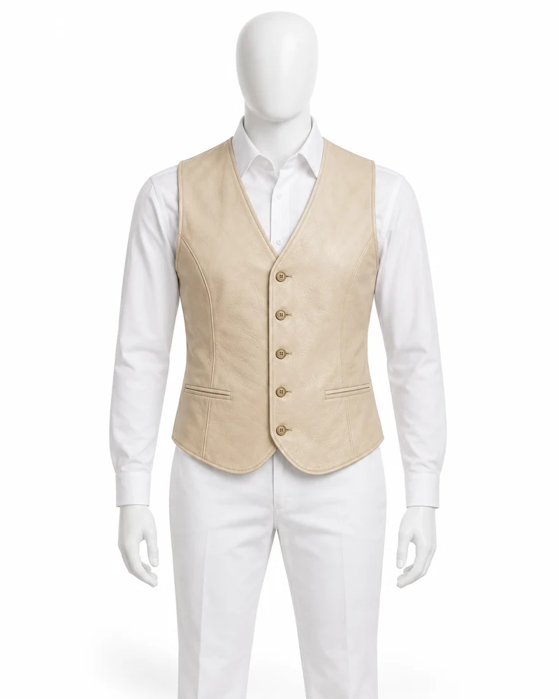 Cream Curved-Hem Leather Waistcoat