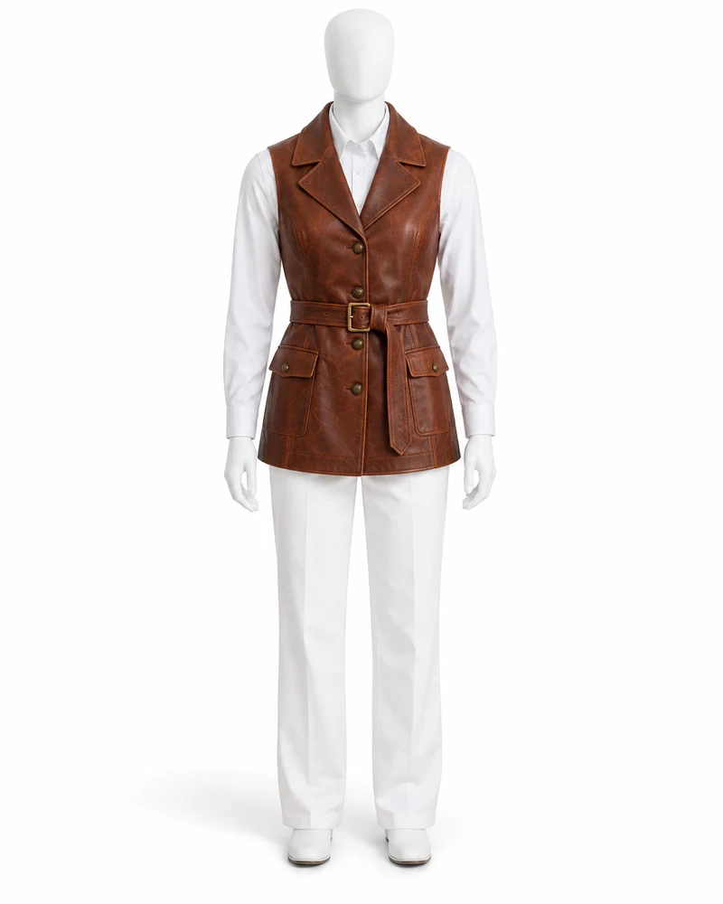Chestnut Belted Leather Waistcoat