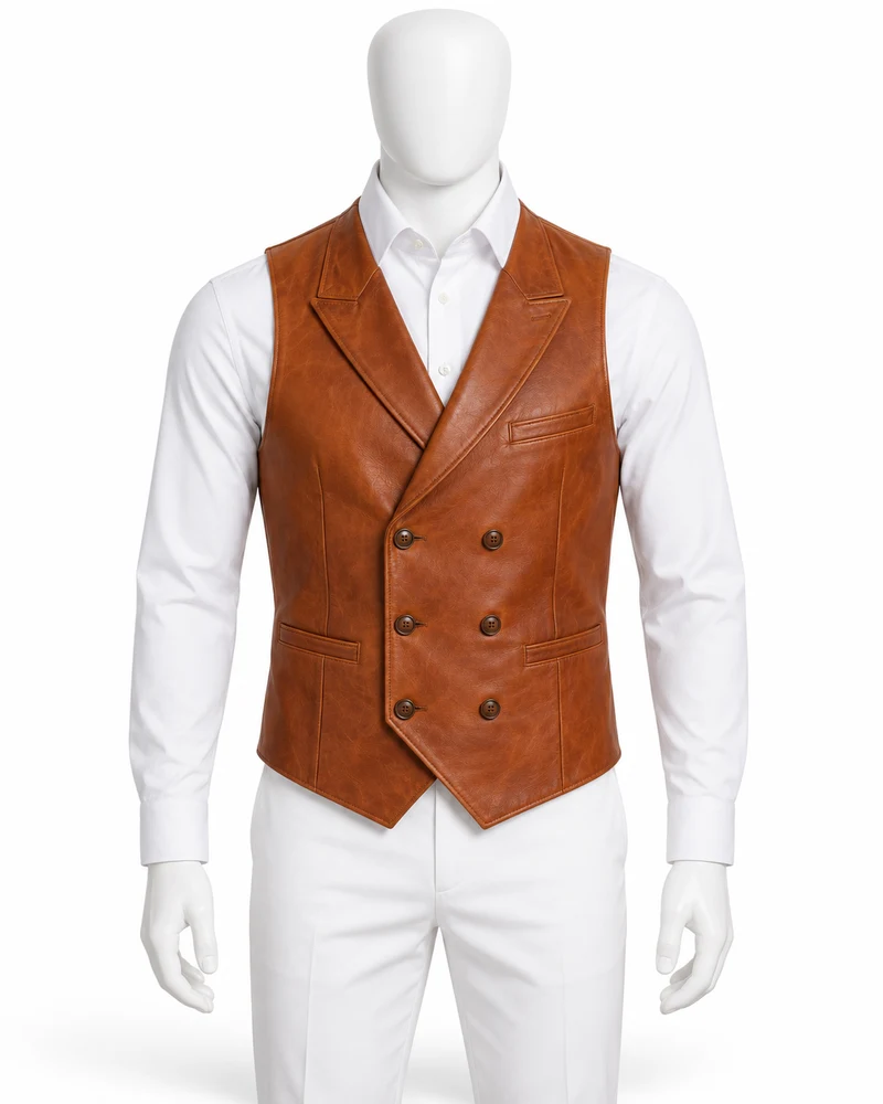 Cognac Double-Breasted Leather Waistcoat