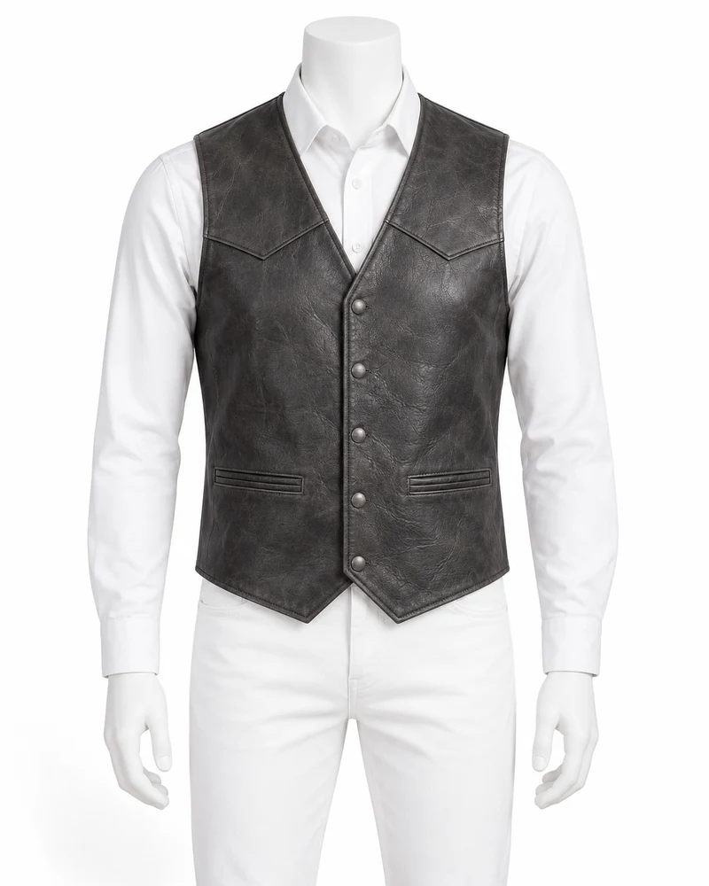 Charcoal Western-Yoke Leather Vest