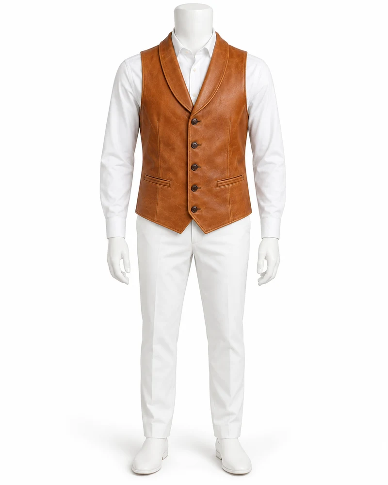Caramel Shawl-Collar Leather Vest