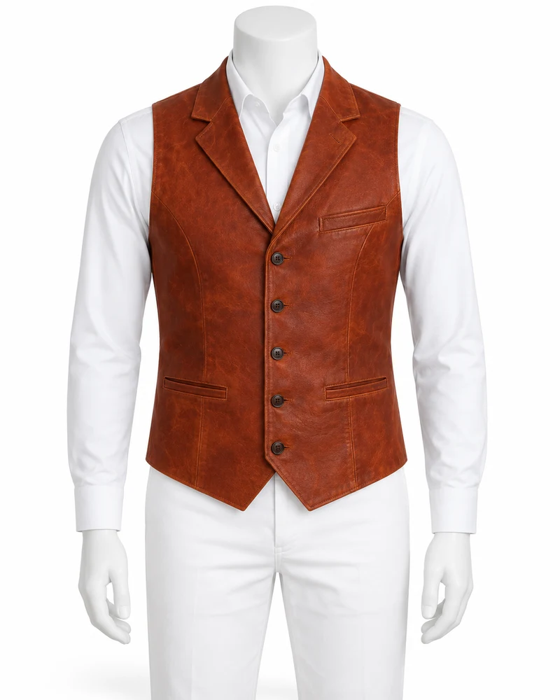 Rust Notch-Lapel Leather Waistcoat