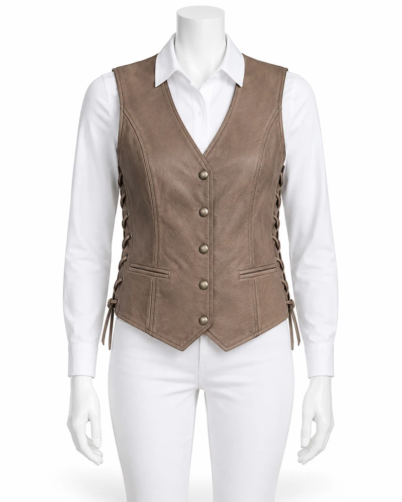 Taupe Side-Lace Biker Leather Vest