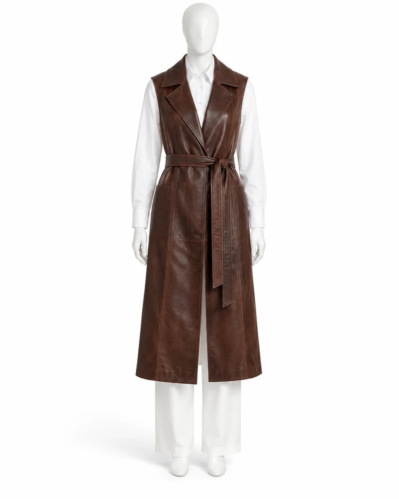Chocolate Brown Longline Belted Leather Vest