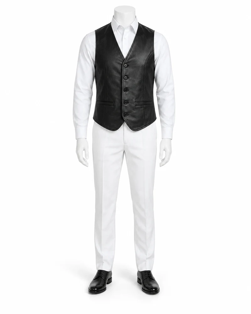 Black Curved-Hem Leather Waistcoat