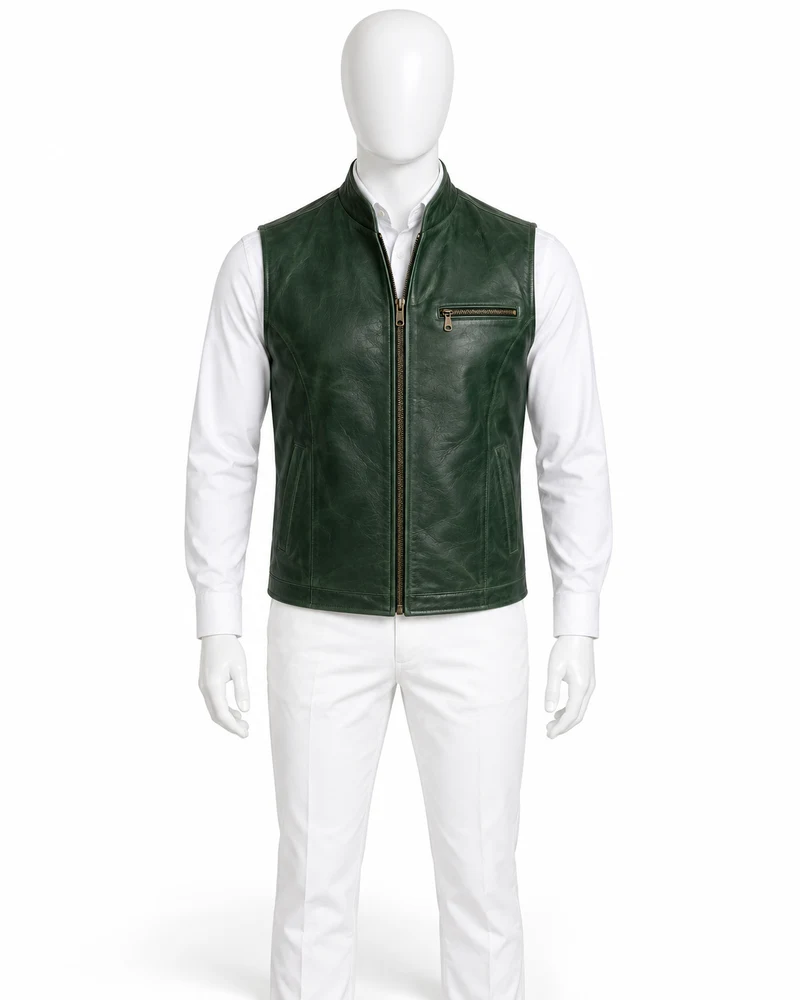 Forest Green Chest-Zip-Pocket Leather Vest