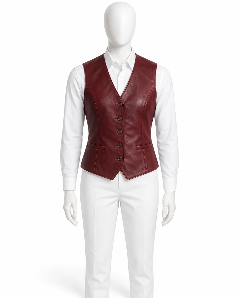 Wine Collarless Tailored Leather Vest