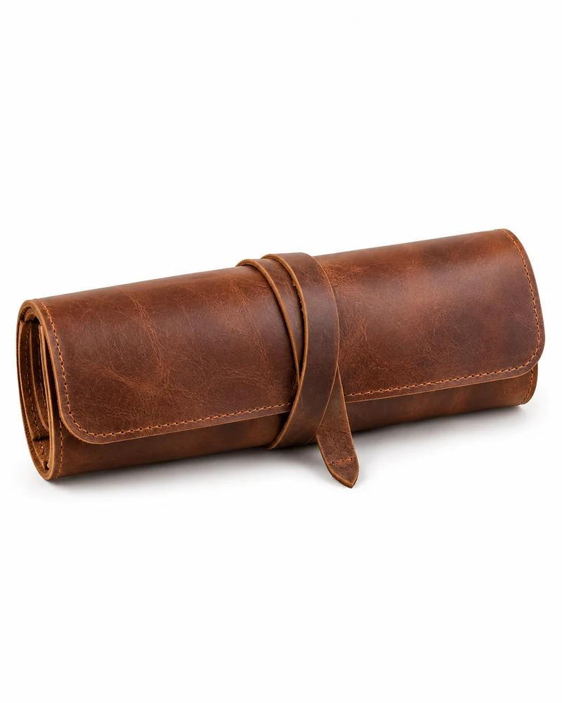 Brown Roll-Up Leather Pencil Case