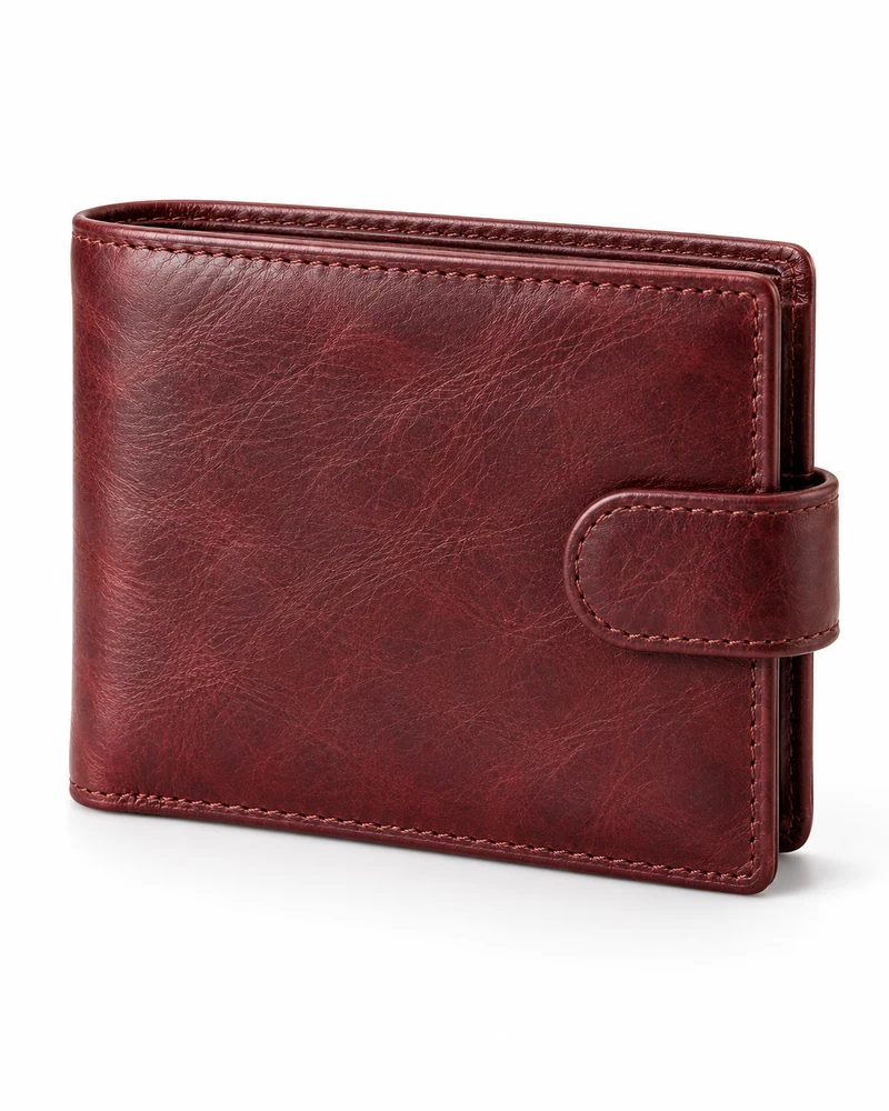 Burgundy Tab-Fastening Leather Bifold Wallet