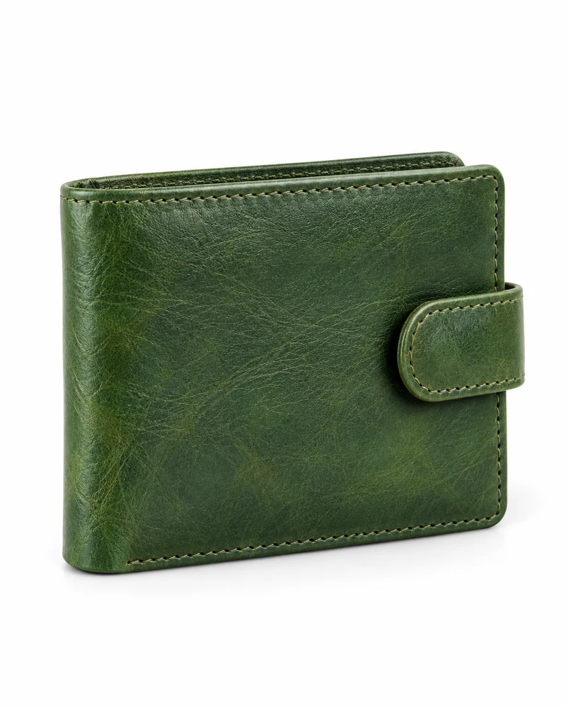 Green Tab-Fastening Leather Bifold Wallet