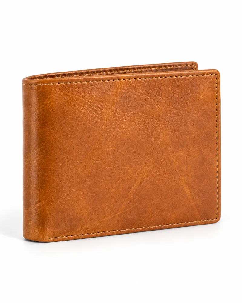 Tan Plain-Front Leather Bifold Wallet