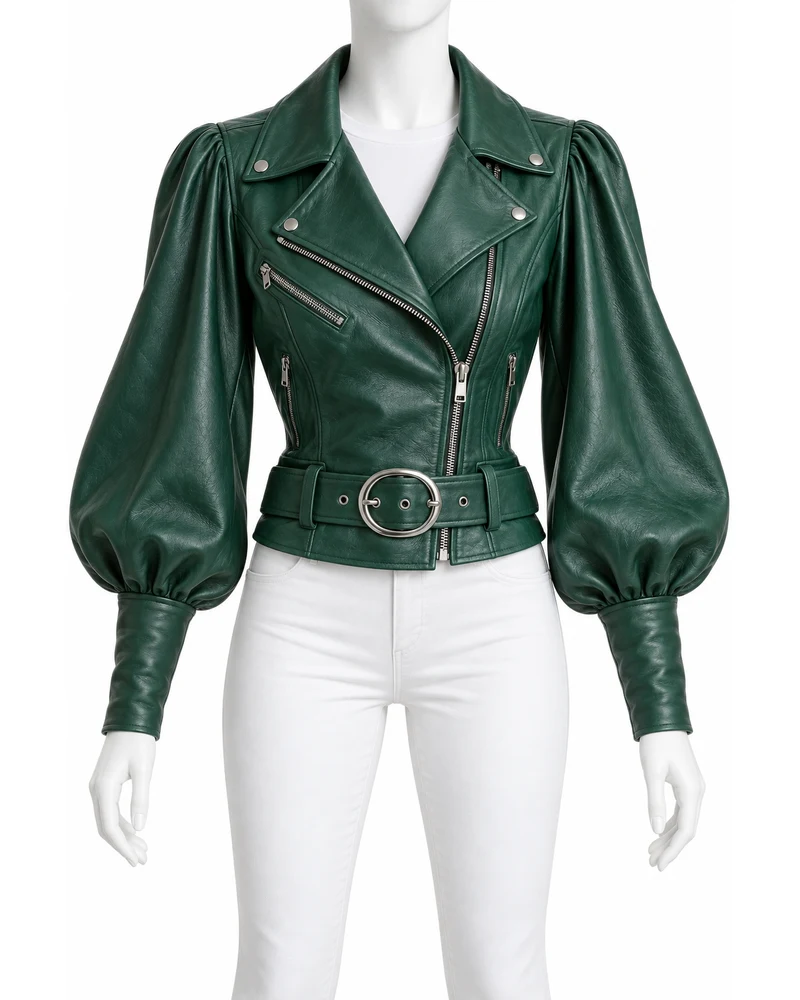 Emerald Women's Bishop Sleeve Biker Leather Jacket