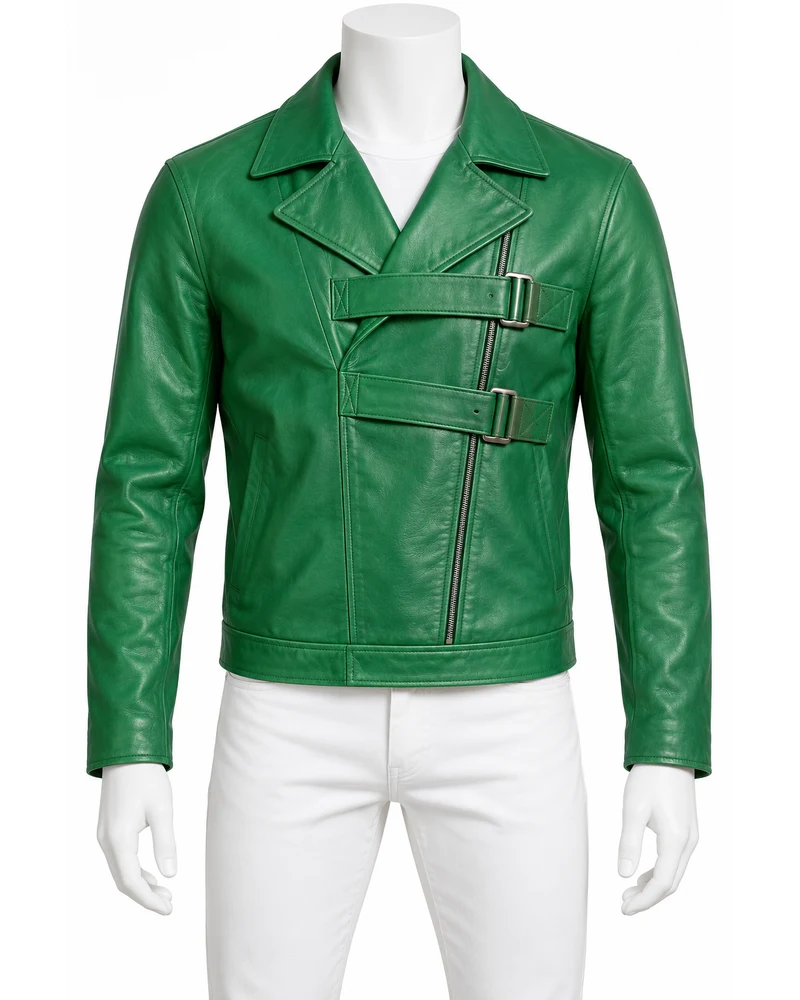 Bright Jade Men's Cross Strap Moto Leather Jacket