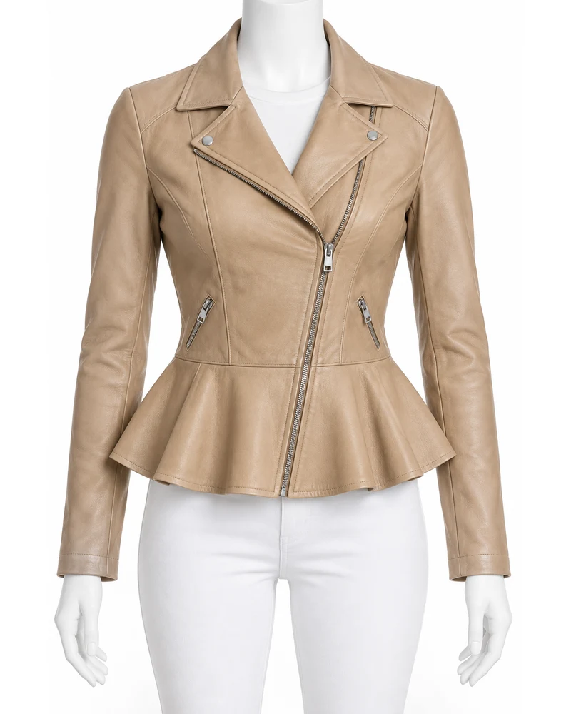 Desert Sand Women's Flared Peplum Moto Leather Jacket