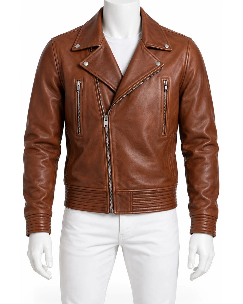 Russet Men's Rib Waist Biker Leather Jacket