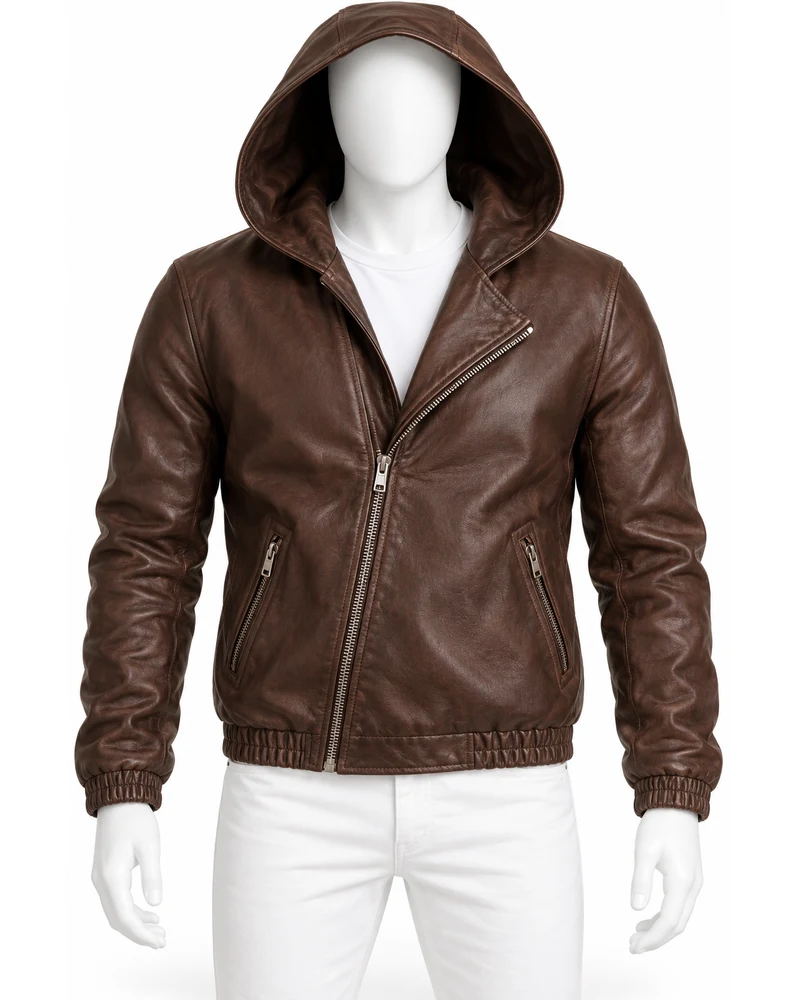 Coffee Men's Hooded Moto Leather Jacket