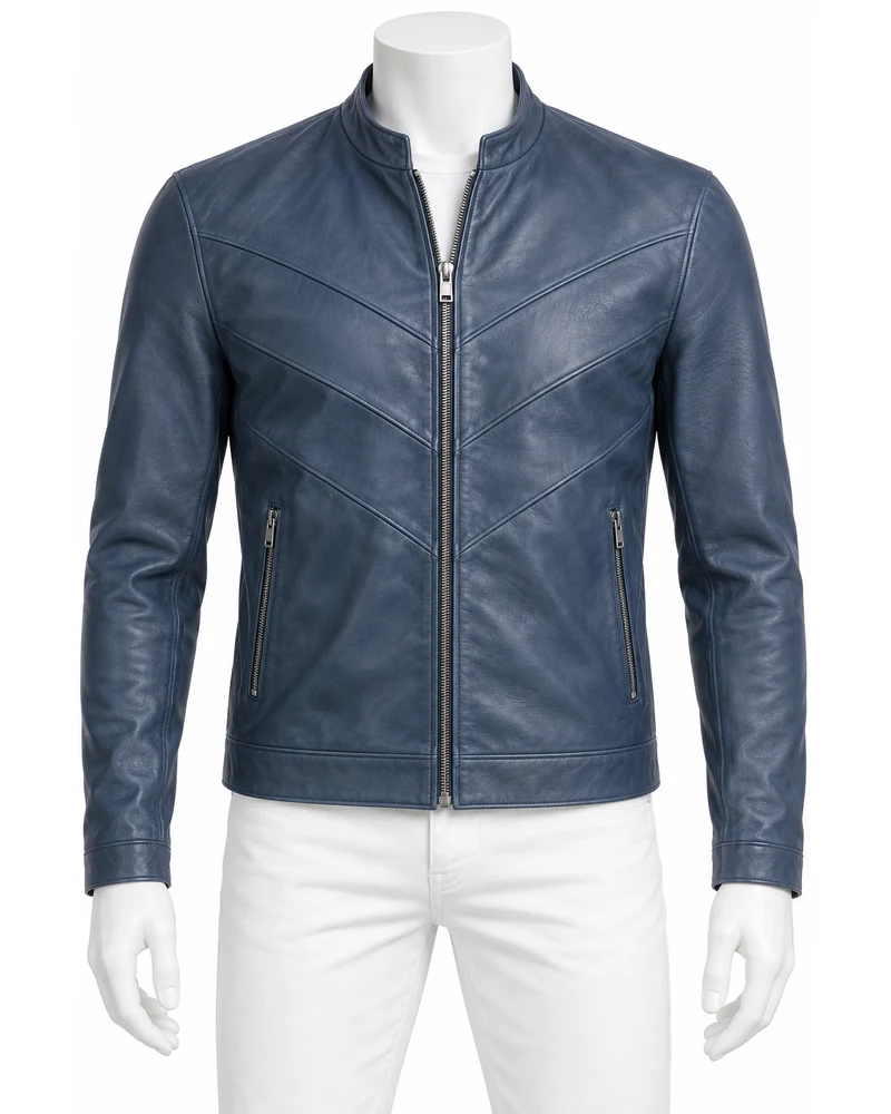 Storm Blue Men's Cross Panel Moto Leather Jacket