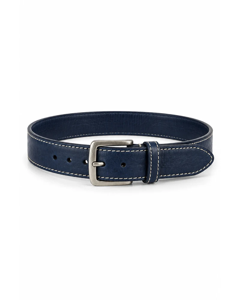 Navy Contrast-Stitched Leather Belt