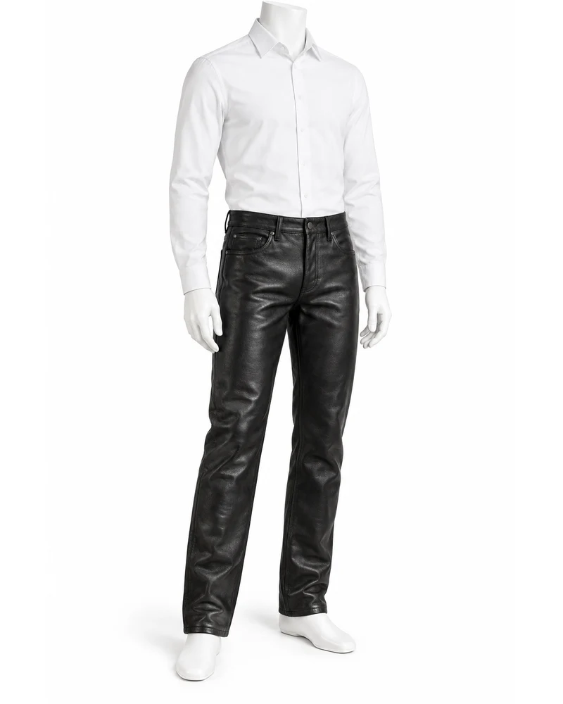 Black Men Straight-Leg Five-Pocket Leather Trousers