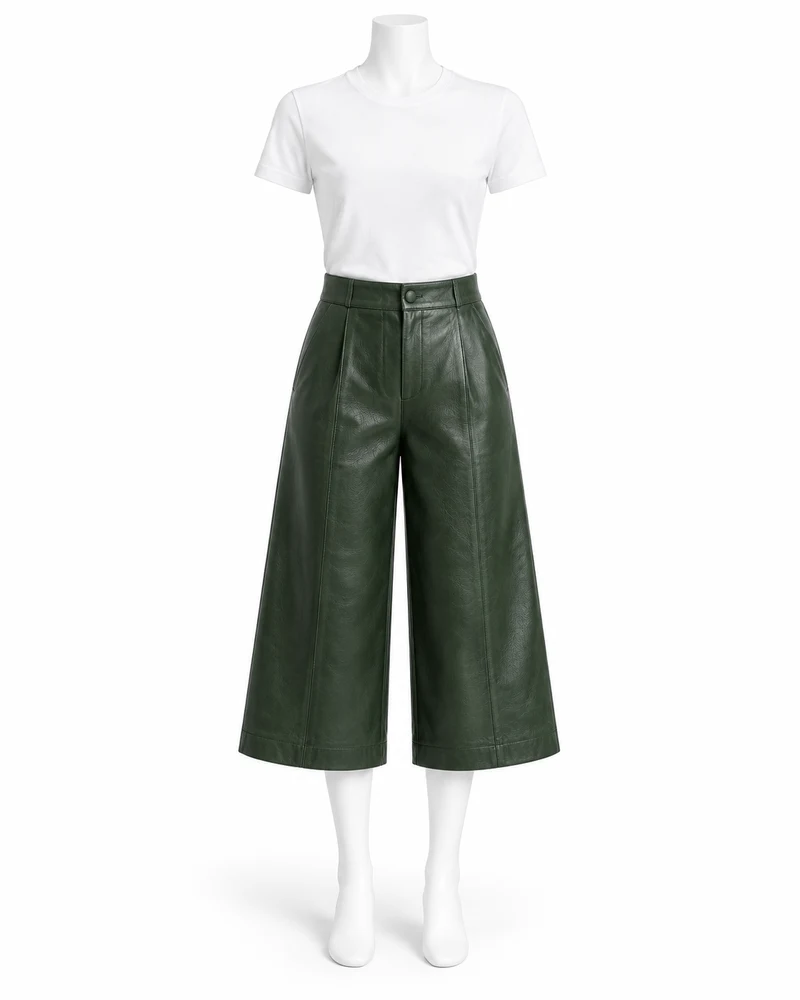 Forest Green Women Cropped Culotte Leather Trousers