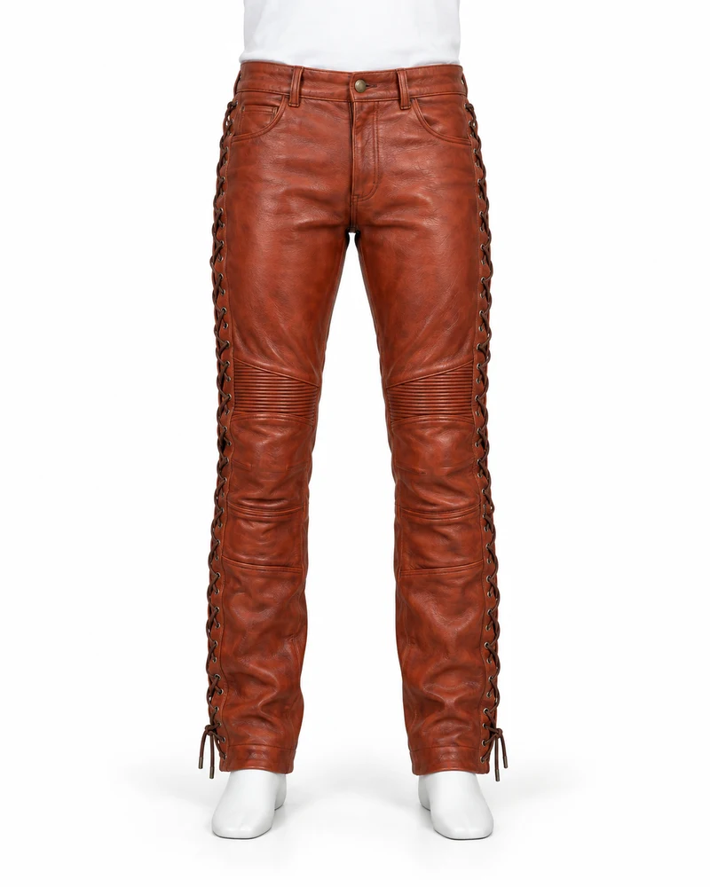 Rust Men Side-Lace Biker Leather Trousers