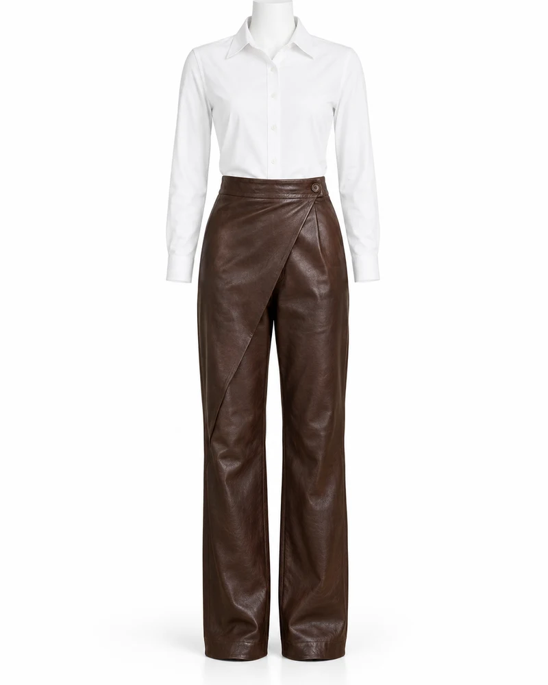 Dark Brown Women Wrap-Front Leather Trousers