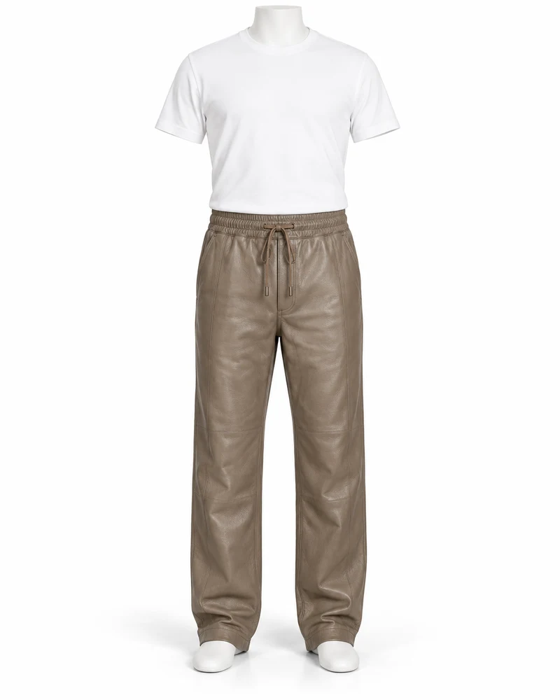 Taupe Men Drawstring Relaxed Leather Trousers